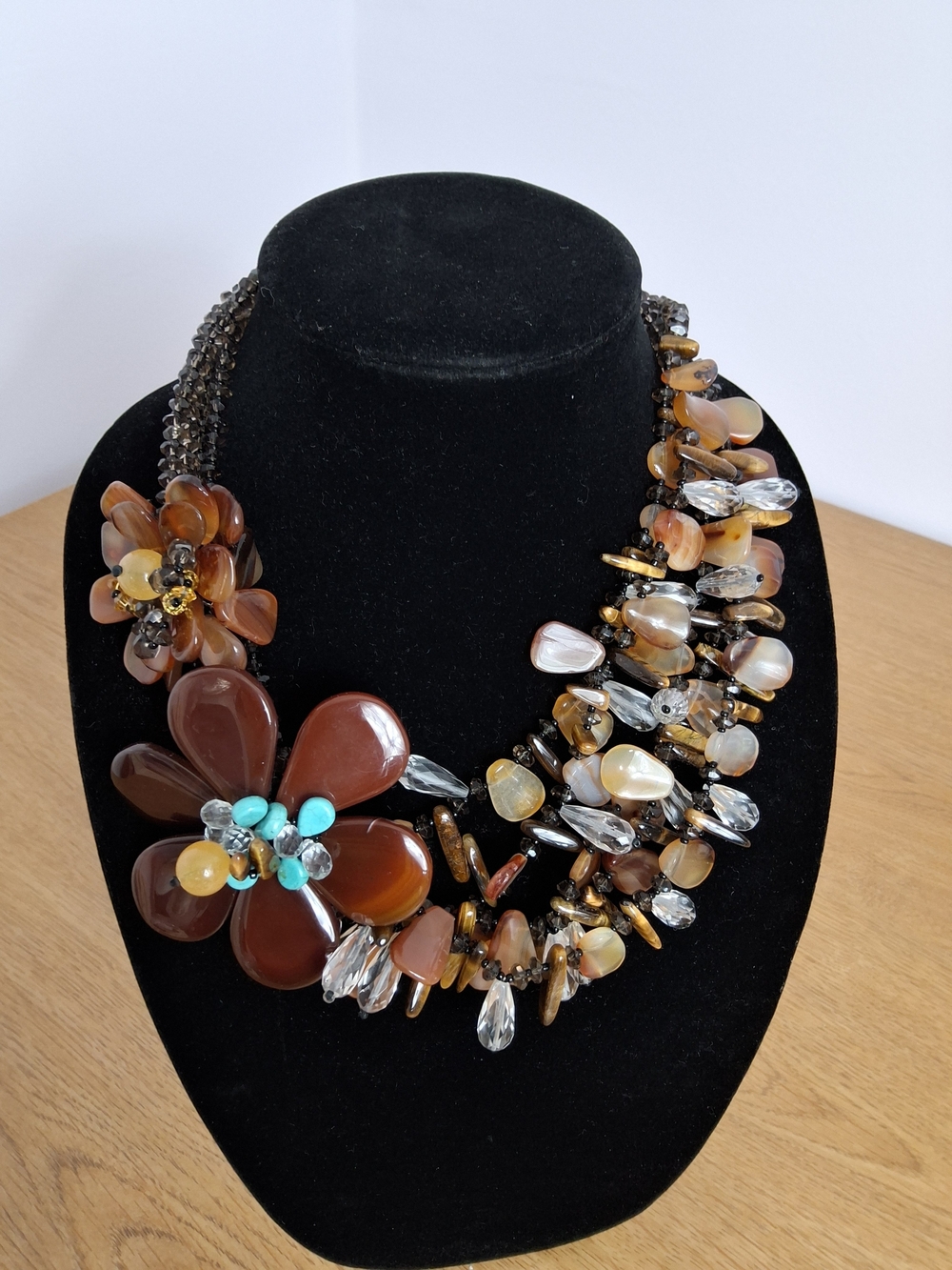Floral statement bib, mixed stone necklace, crystal beads, lobster clasp 18inch